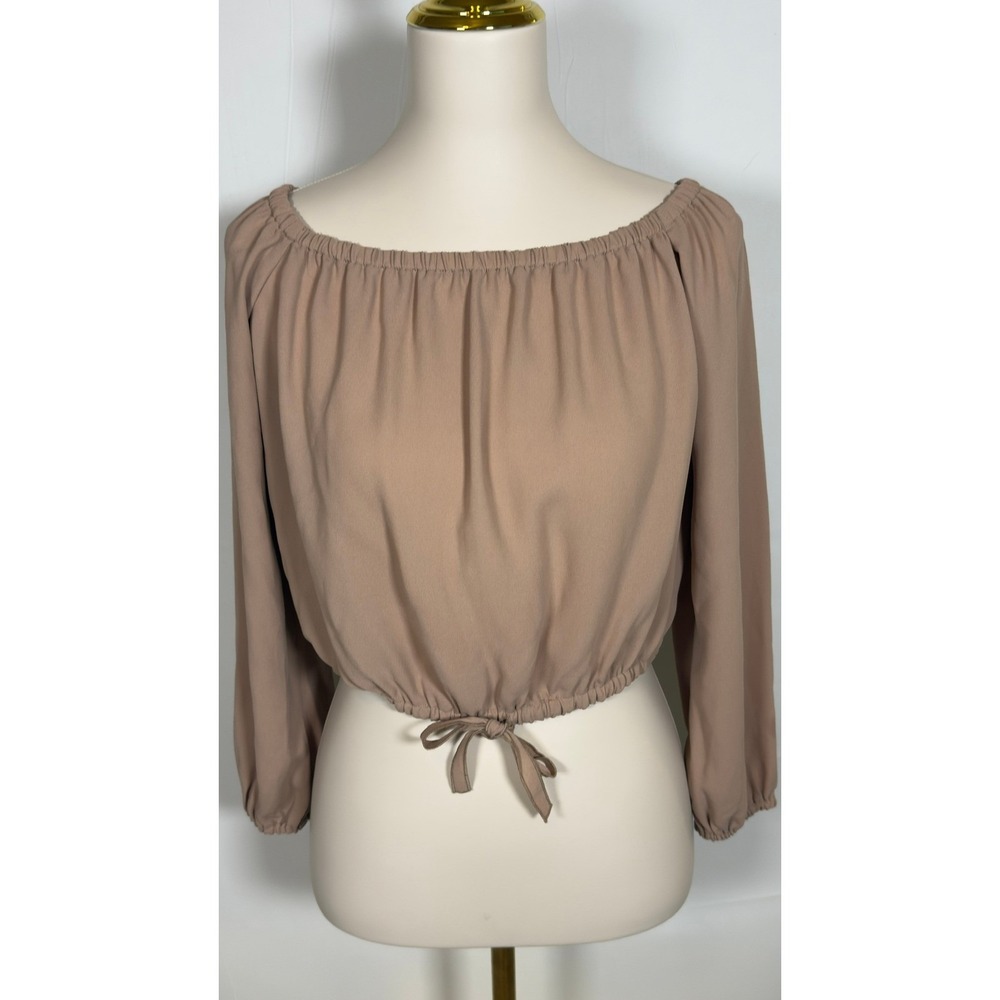 Wilfred Aritzia Off The Shoulder Crop Top Tan Long Sleeve Tie Front Blouse Small - Picture 2 of 10